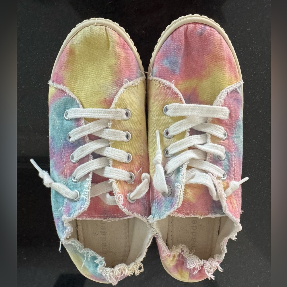 Madden Girl slip on sneakers in bright pastel pink, yellow and blue Tie dye